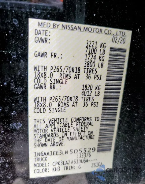 2020 Nissan Titan S из США, поврежденный, VIN 1N6AA1EE3LN505529